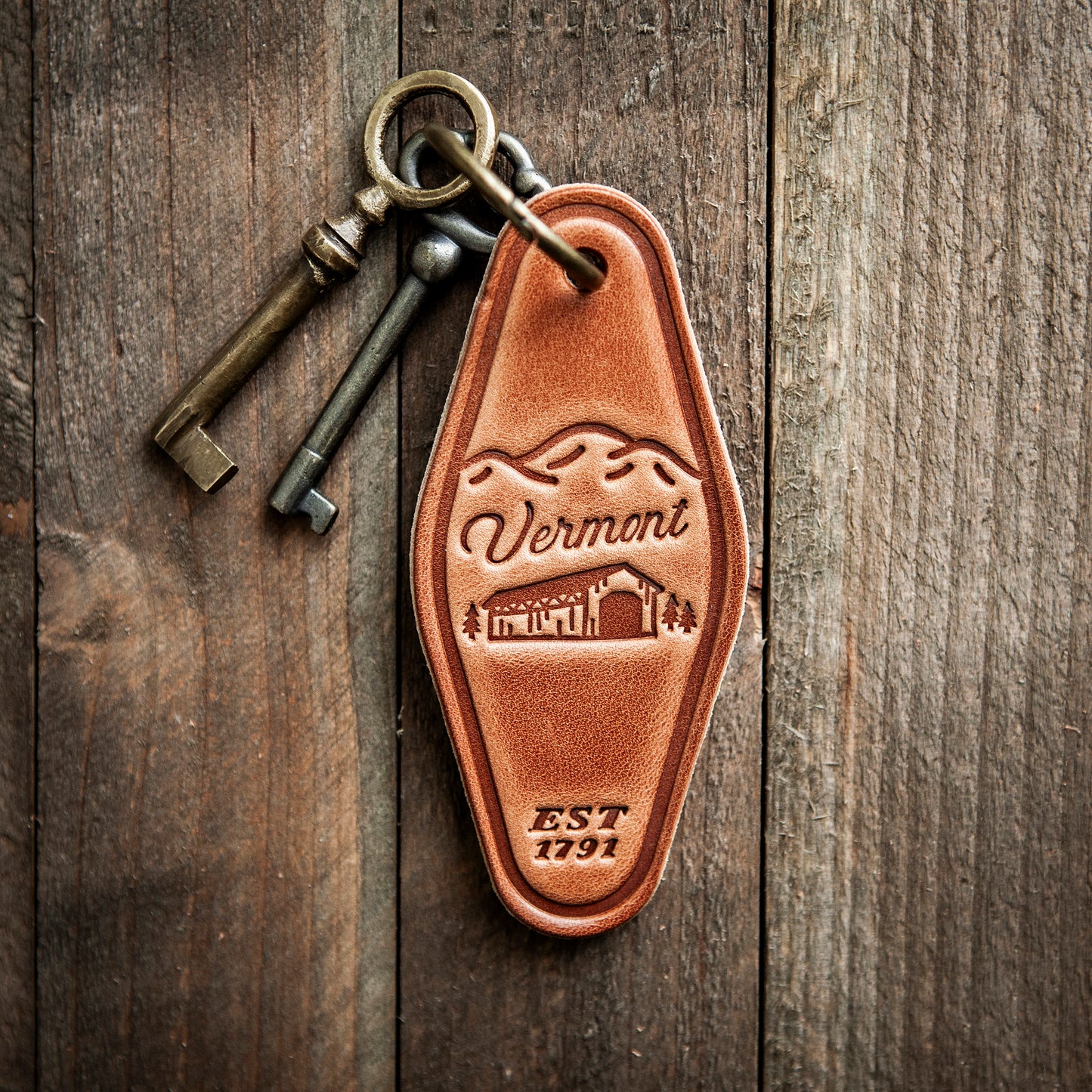 Vermont Covered Bridge Leather Keychain Motel Style