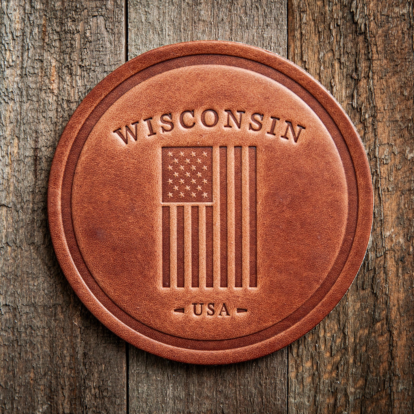 Wisconsin American Flag Leather Coaster