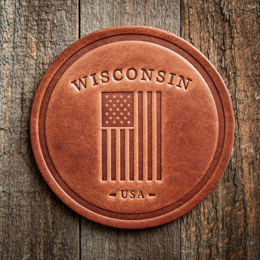 Wisconsin American Flag Leather Coaster