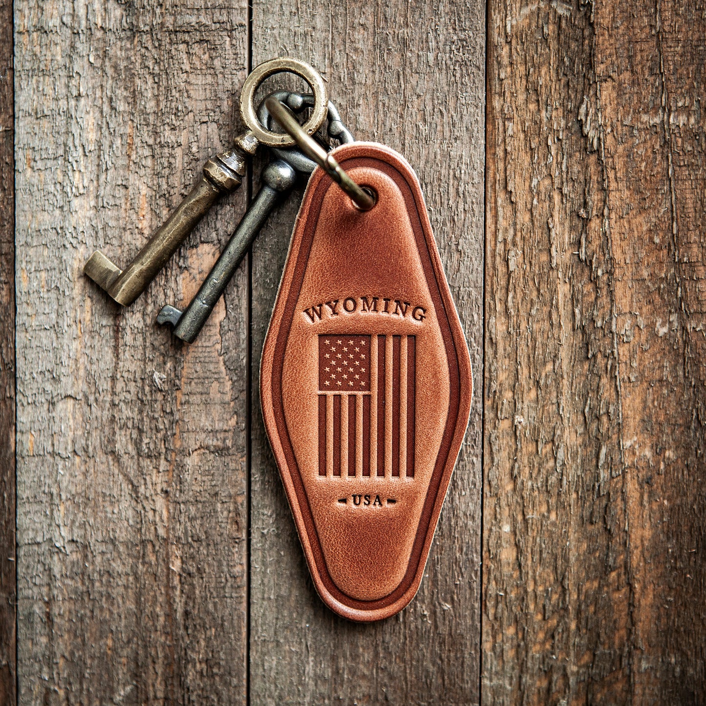 Wyoming American Flag Leather Keychain Motel Style