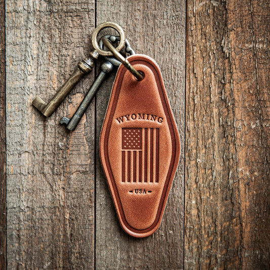 Wyoming American Flag Leather Keychain Motel Style