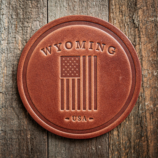 Wyoming American Flag Leather Coaster