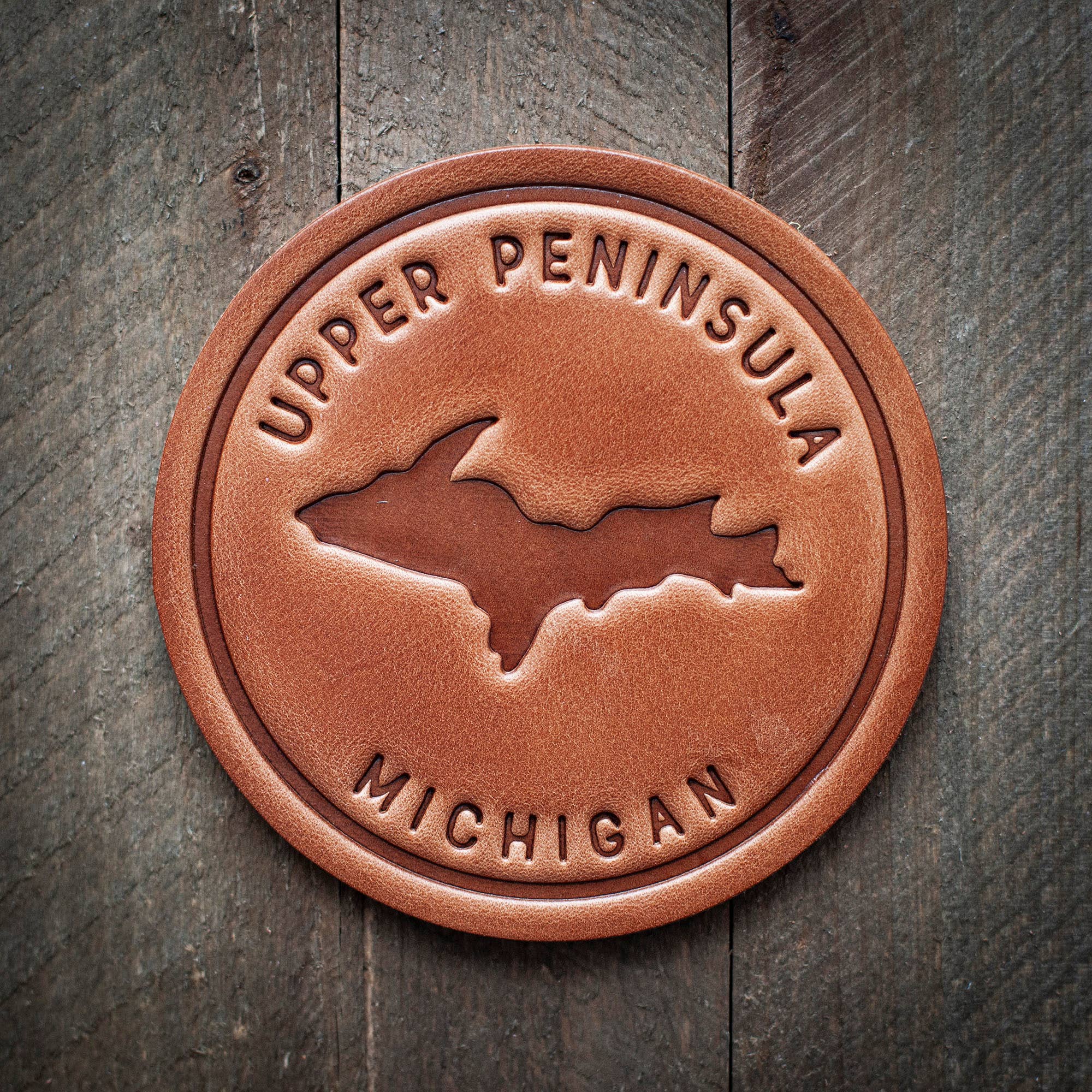 Upper Peninsula Michigan Silhouette Leather Coaster