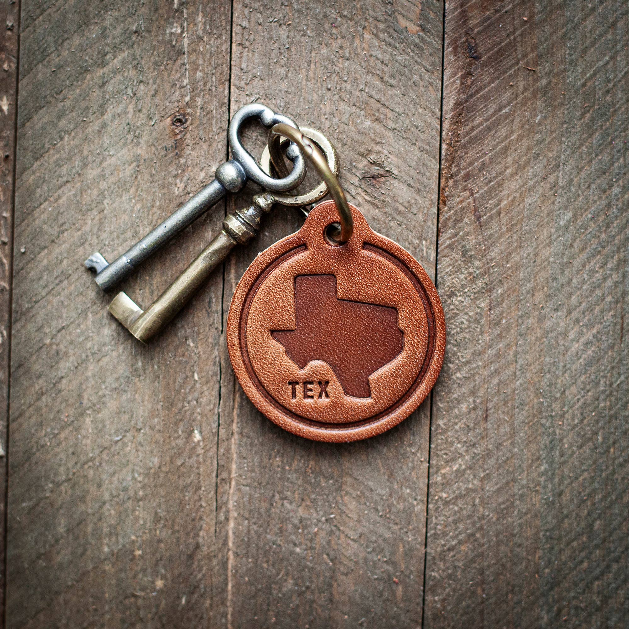 Texas Silhouette Leather Keychain Circle