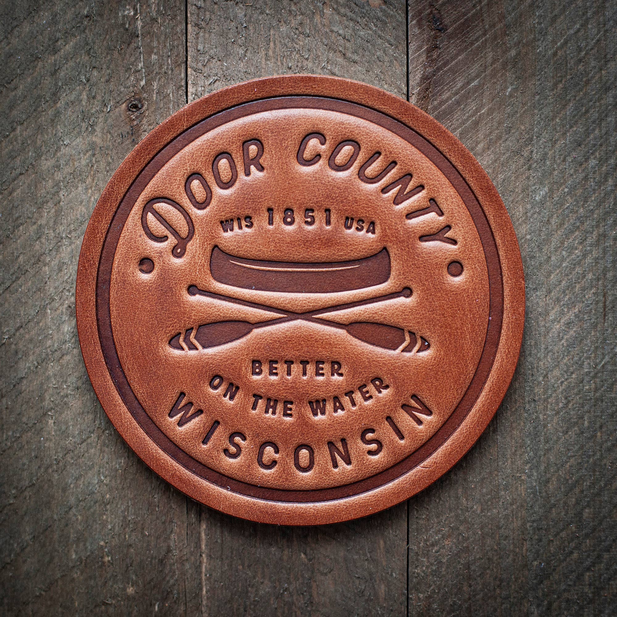 Door County Wisconsin Better on the Water Leather Coaster