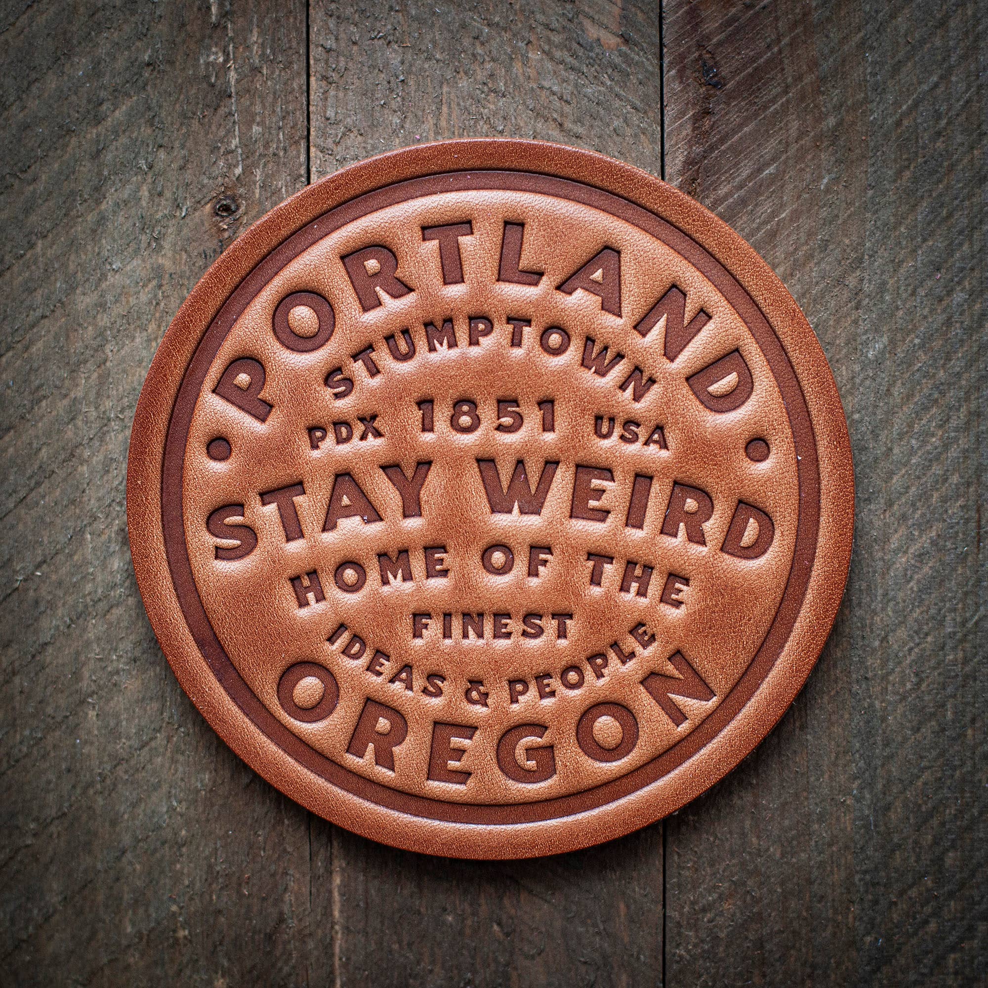 Portland Stay Weird Leather Coaster