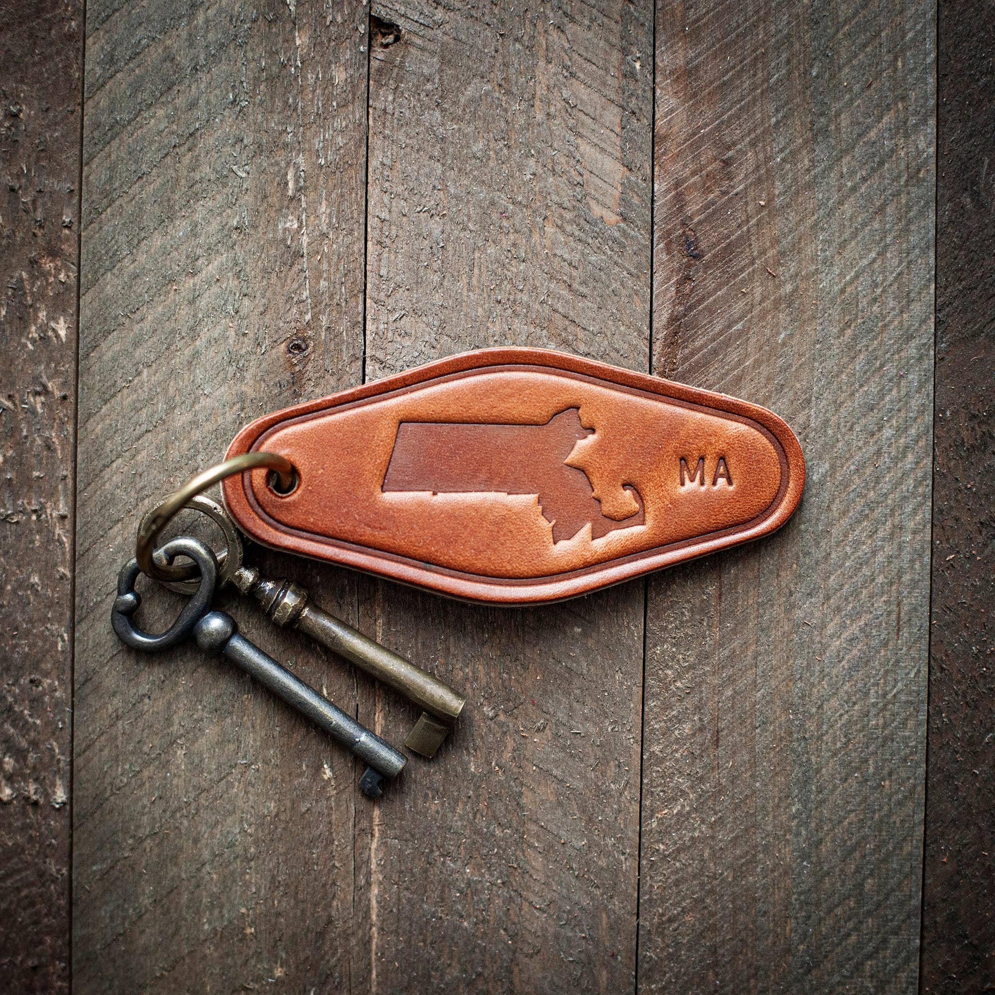 Massachusetts Leather Keychain Motel Style