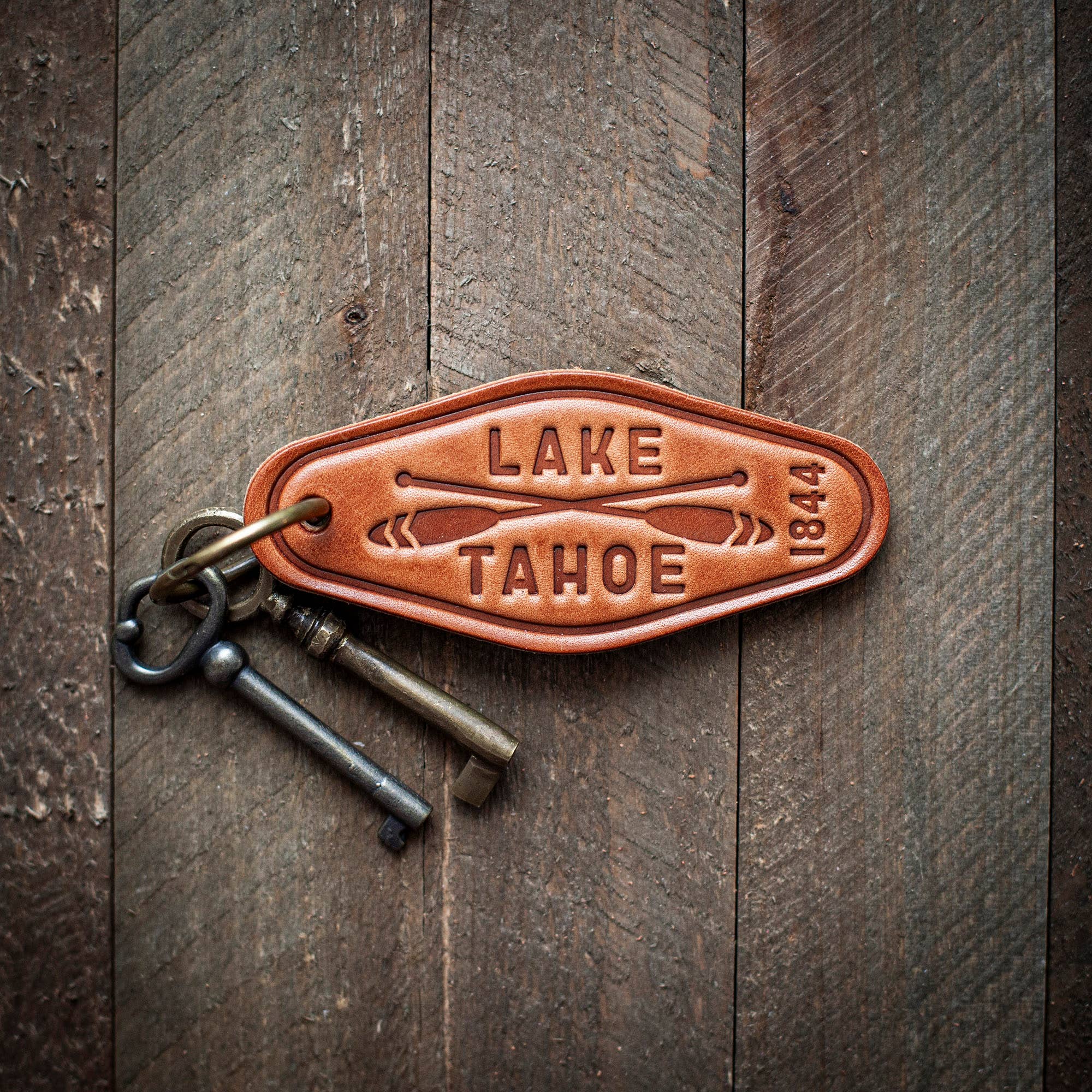 Lake Tahoe Paddles Leather Keychain Motel Style