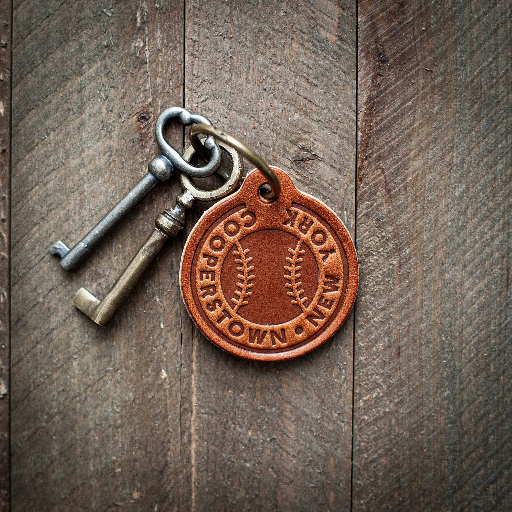 Cooperstown New York Baseball Leather Keychain Circle