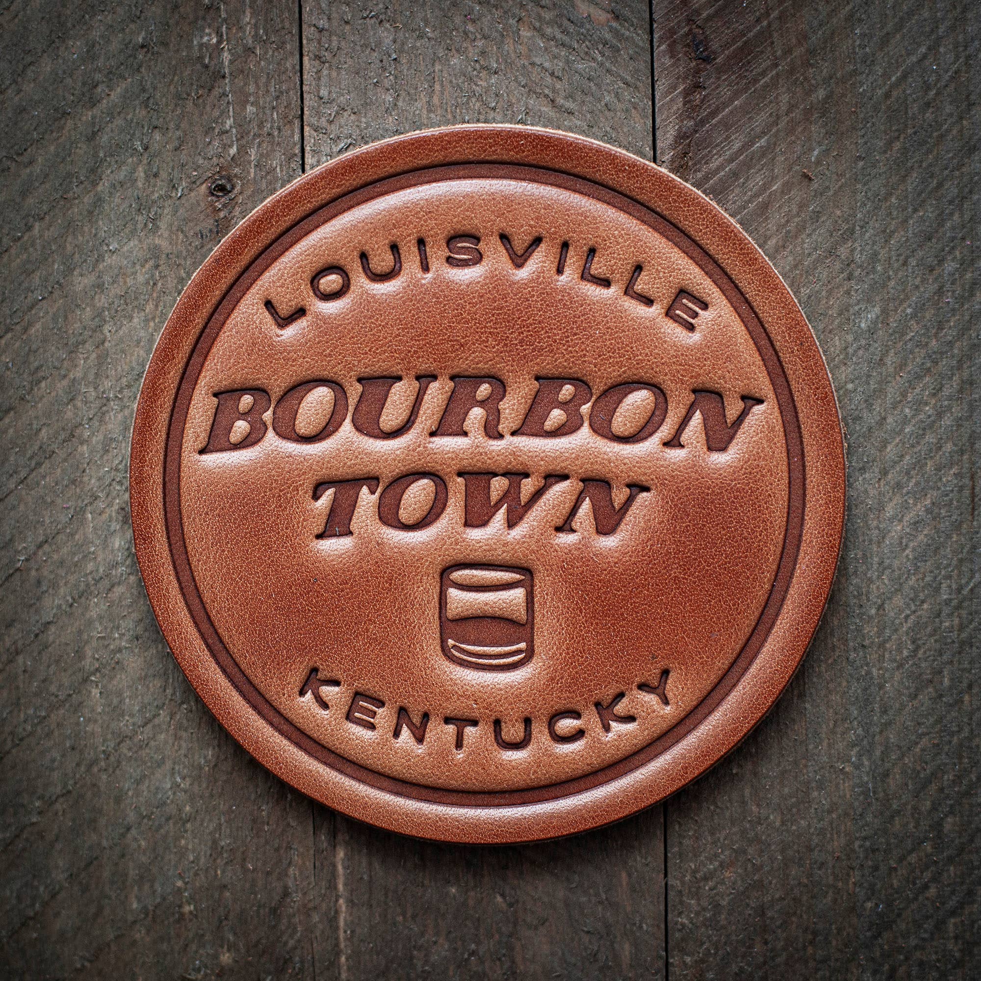 Bourbon Town Louisville Kentucky Leather Coaster