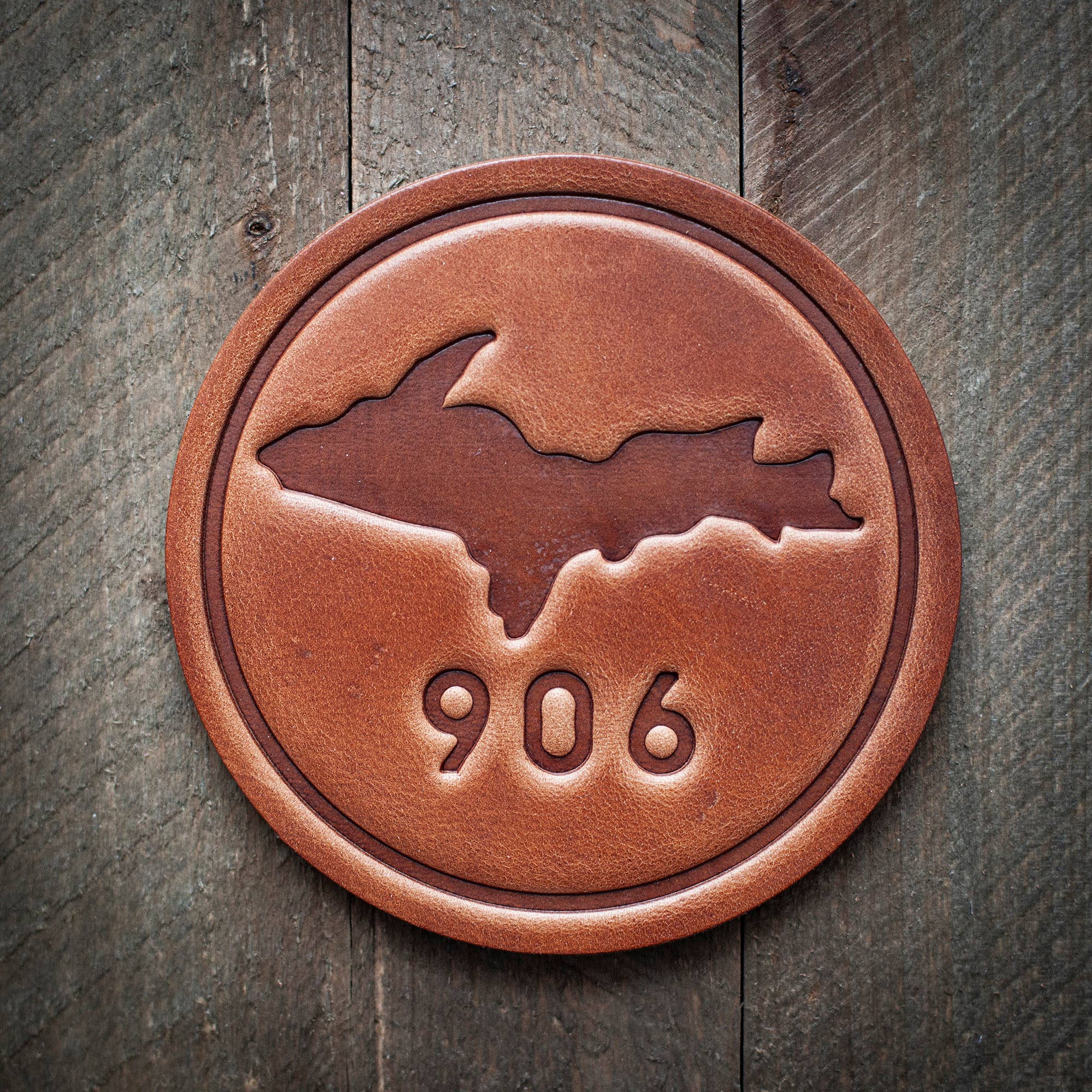 Upper Peninsula  Michigan 906 Leather Coaster