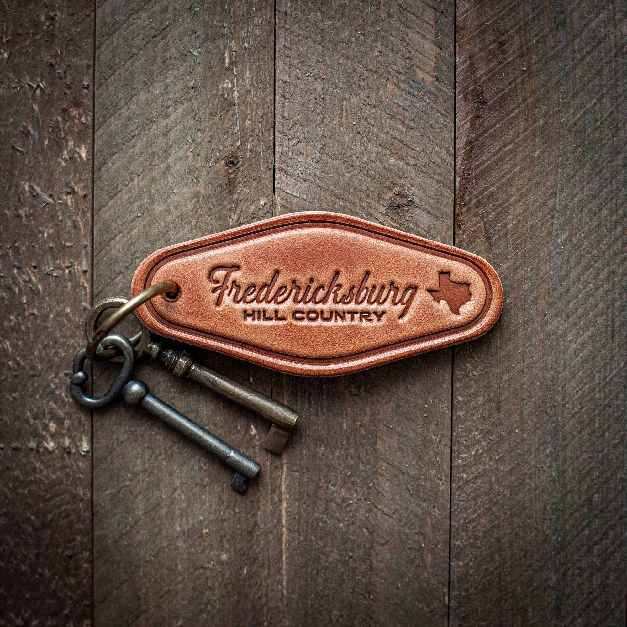 Fredericksburg Texas Leather Keychain Motel Style