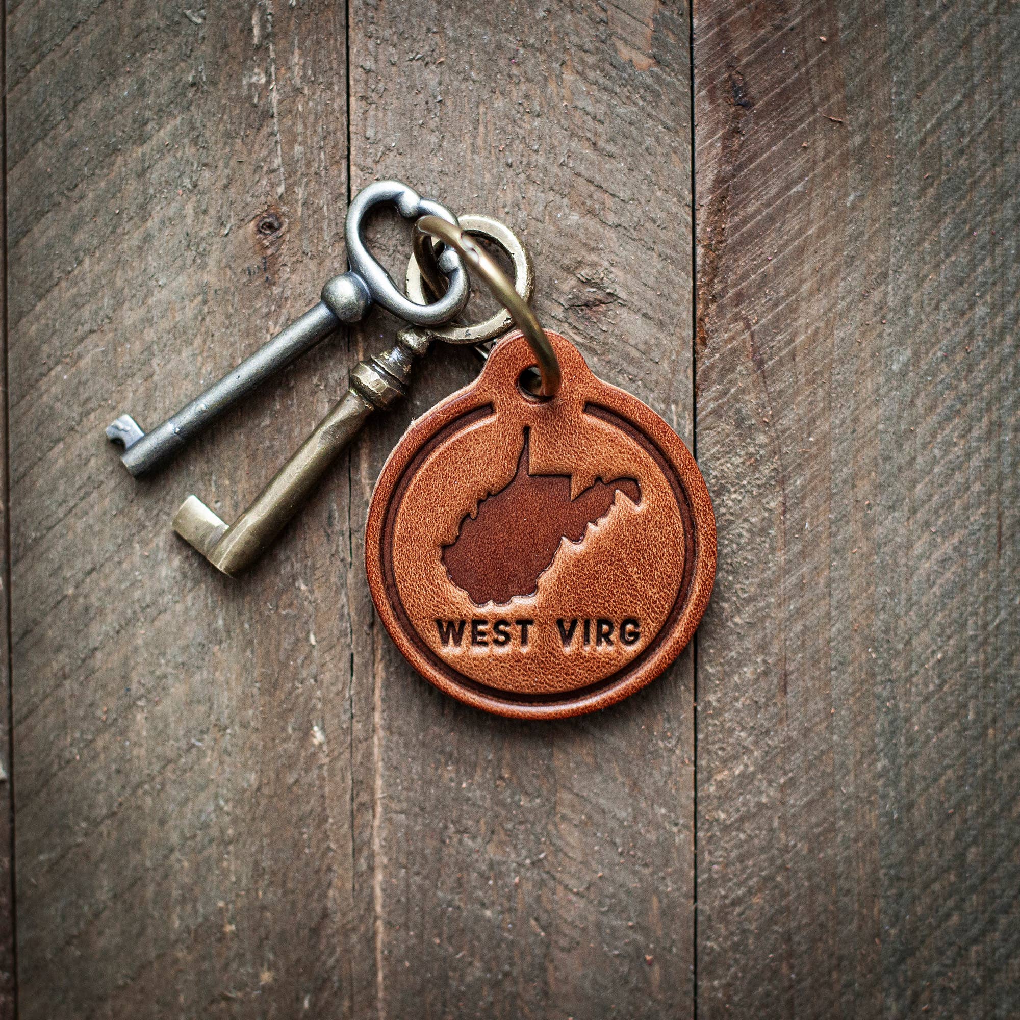 West Virginia Leather Keychain Circle